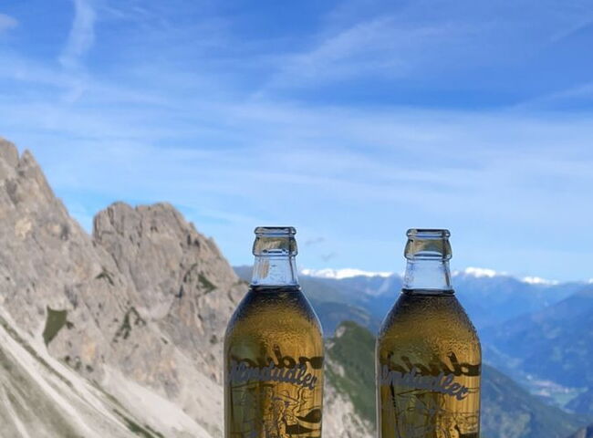 Zwei Glasalmdudlerflaschen vor einem Bergpanorama
